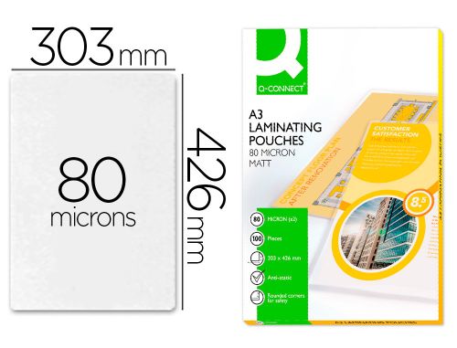Bolsa de plastificar q-connect 303 x 426 mm 80 microns din a3 mate caixa de 100 unidades , Q-connect , 63420 , 5705831180635